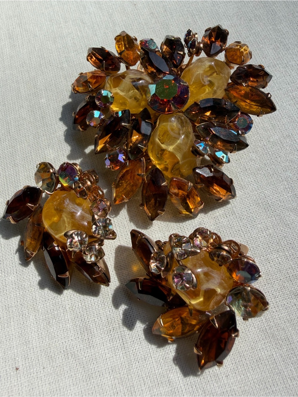 Vintage Beau Jewels Signed Amber Rhinestone Brooch Earrings Set